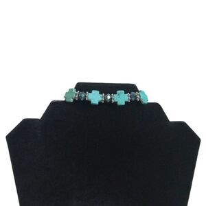 Turquoise Blue Colored Cross and Faceted Beads Elastic Stretch Fashion Bracelet